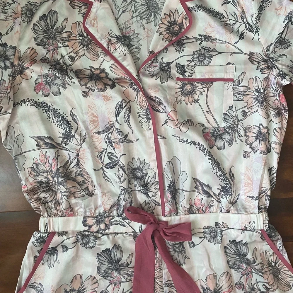 Victoria's Secret White Floral Pajama Romper with Pink Trim